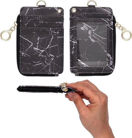 2-in-1 ID Badge Holder & Lanyard Wallet - Multi-Use Womens Small Wallet with Removable Wristlet & Neck Lanyard, Clear Window, 5 Card Slots, Phone Holder, Ring Keychain - Black Marble