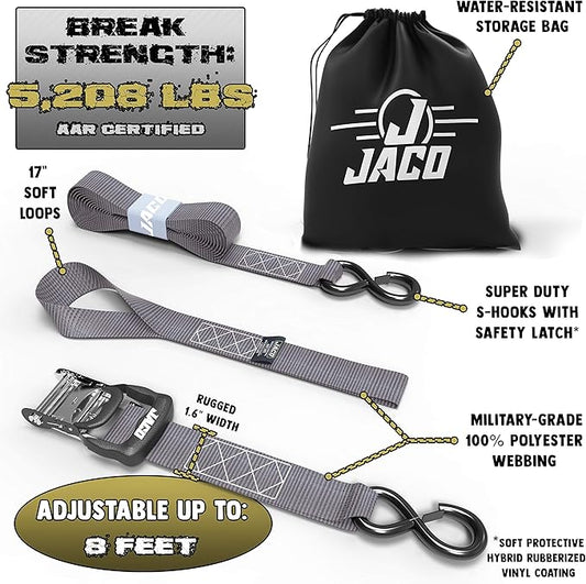 JACO Heavy Duty Ratchet Straps - 1.6 inch x 8 ft (Pack of 4) | Tie Down Kit with Soft Loops - 5,208 lbs (Grey)