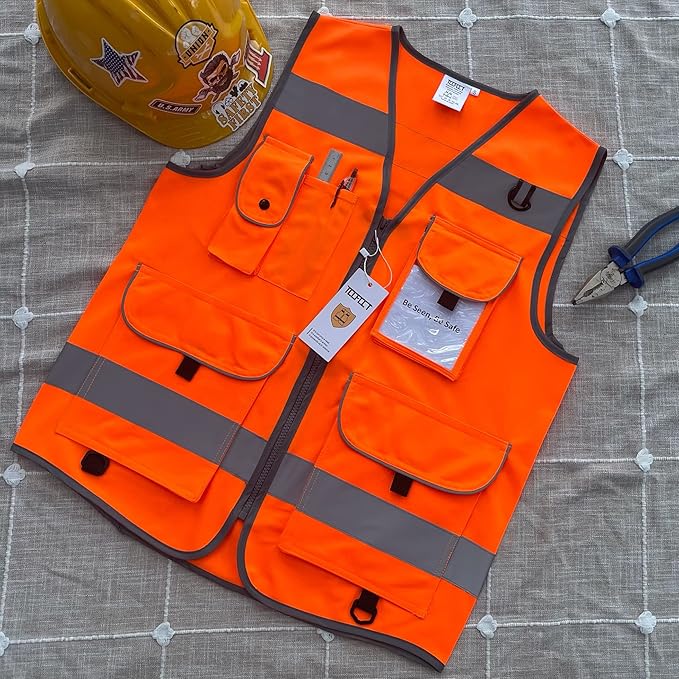 TCCFCCT Reflective Safety Vest 9 Pockets High Visibility Vest for Men Women, Hi Vis Reflective Work Vest for Safety, Meets ANSI/ISEA Standards, (Orange, XX-Large)