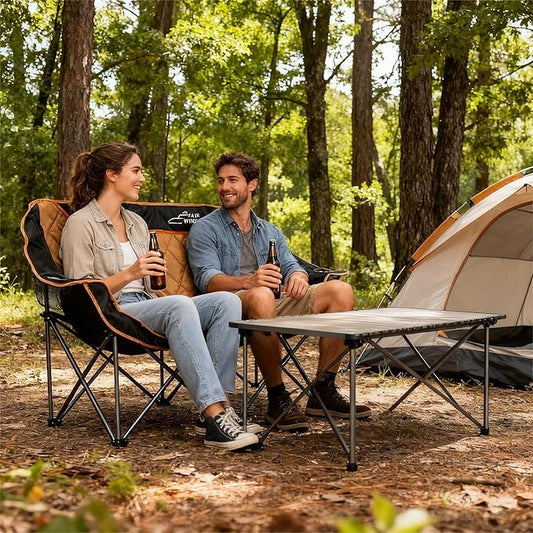 FAIR WIND Oversized Fully Padded Camping Chair Folding Loveseat Camping Couch Double Duo Chair Heavy Duty Quad Fold Arm Chair with Cup Hold - Supports 650 LBS Orange