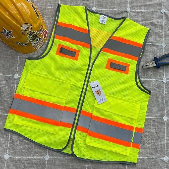 TCCFCCT Mesh Safety Vest for Men Women with Pockets High Visibility Reflective Vest for Safety, Work Vest with Fluorescent Orange Extend Edge, Meets ANSI/ISEA Standards, Yellow, M