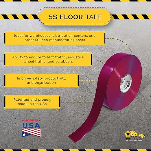 Mighty Line Solid Floor Marking Tape for Safety, Caution, Warning, Heavy-Duty, Peel and Stick Adhesive, Beveled Edge Design, Industrial Quality, 2 inch, 100' Roll, Purple