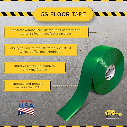 Mighty Line Solid Floor Marking Tape for Safety, Caution, Warning, Heavy-Duty, Peel and Stick Adhesive, Beveled Edge Design, Industrial Quality, 3 inch, 100' Roll, Green