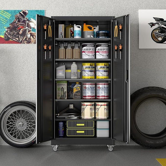 71" H×34" W×18" D Garage Storage Cabinet with Wheels, Metal Storage Cabinet with 5 Adjustable Shelves and Pegboard for Garage Home Office Utility Room,Required Assembly,Black