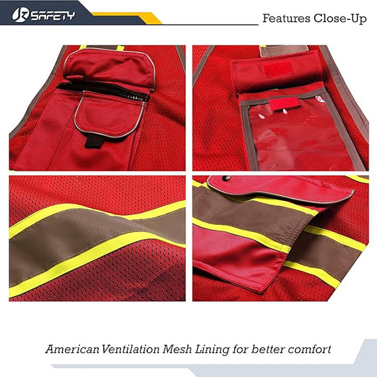 JKSafety 9 Pockets Hi-Vis Neon Red Zipper Front MESH Safety Vest with Fluorescent Yellow Extend Edge outlining the Reflective Tapes Meet ANSI/ISEA Class 2 Standard (100-Red, X-Large)