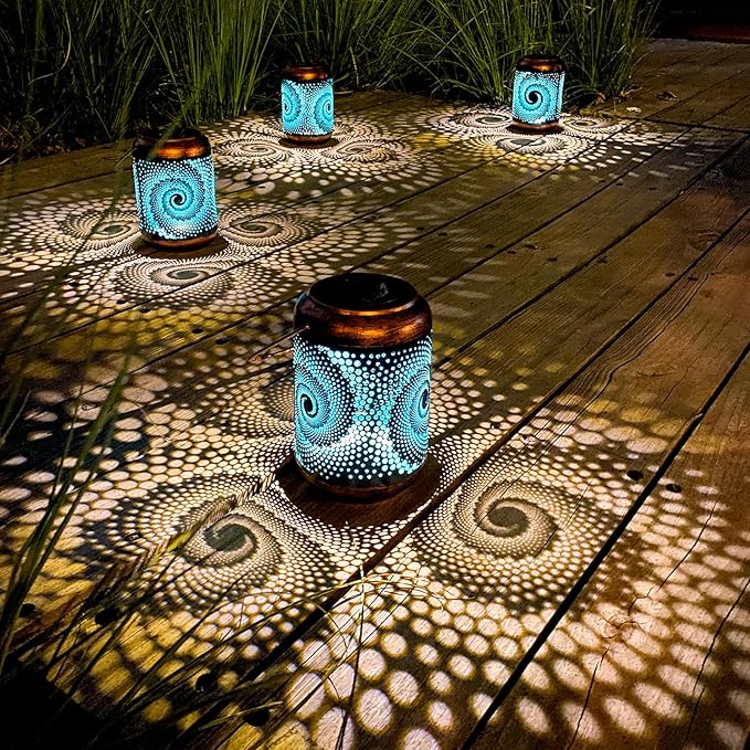 YISITEONE Mosaic Bohemian Outdoor Solar Lanterns, Waterproof Blue Table Lights, Turkish Moroccan Decorations for Garden Patio Yard Lawn Front Porch, Birthday Gardening Gifts for Women Mom Grandma