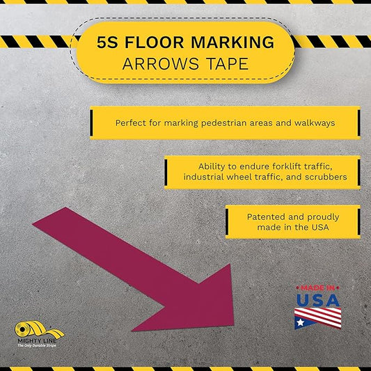 Mighty Line Solid Arrows Directional Sticker Sign Floor Marking Tape for Safety, Caution, Warning, Heavy-Duty, Peel and Stick, Adhesive, Industrial Quality, Purple, 10" by 6", Pack of 50