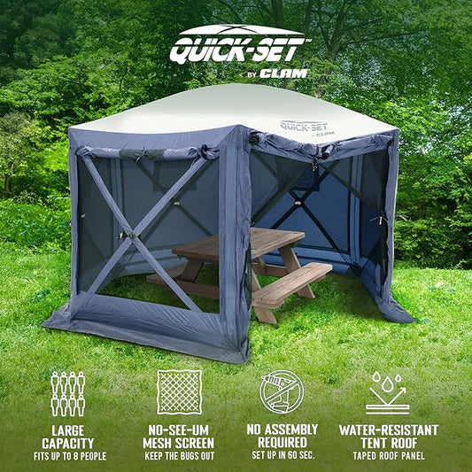 CLAM 12.5 x 12.5 Feet Quick-Set Pavilion Portable Outdoor Canopy Shelter, Slate Blue – Pop-Up Gazebo Camping Tent with Wind Panels and Bug Mesh Screen