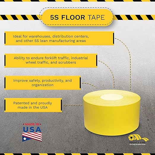 Mighty Line UltraLine Solid Floor Marking Tape for Safety, Caution, Warning, Heavy-Duty, Peel and Stick Adhesive, Beveled Edge Design, Industrial Quality, 4 Inch, 100' Roll, Yellow
