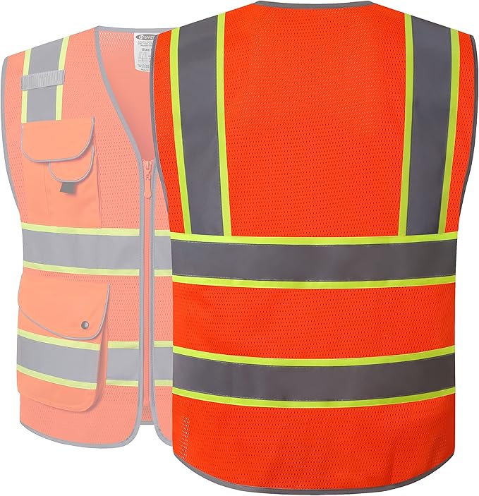 JKSafety 9 Pockets Hi-Vis Reflective Safety Vest | Mesh Fabric | Fluorescent Orange Color with Neon Yellow Extended Trims | ANSI/ISEA Compliance (100-Orange, L)