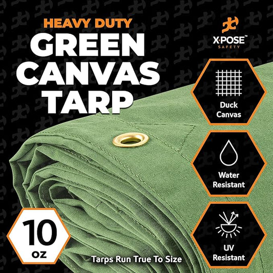 Xpose Safety 10oz Green Canvas Tarps 20' x 30' – Bulk Half Pallet (15 Packs) – Multipurpose Heavy Duty Water-Resistant Tarpaulin with Brass Grommets for Camping, Canopy & Equipment Protection