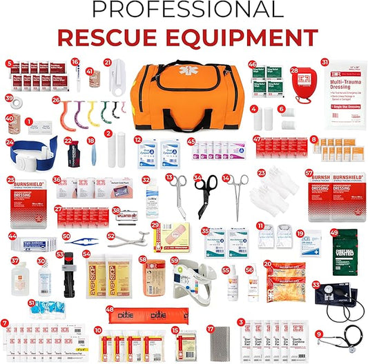 Large EMT Trauma Bag – Fully Stocked First Aid Kit with Tourniquet, Gauze, CPR Mask, Trauma Shears & Emergency Medical Supplies – Orange