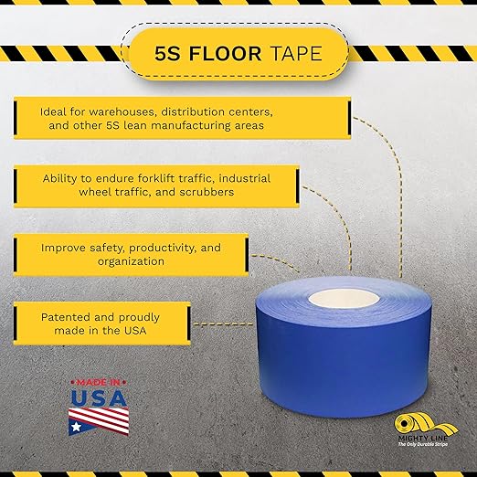 Mighty Line UltraLine Solid Floor Marking Tape for Safety, Caution, Warning, Heavy-Duty, Peel and Stick Adhesive, Beveled Edge Design, Industrial Quality, 4 Inch, 100' Roll, Blue