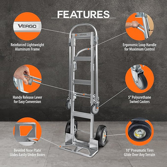 Vergo Industrial Convertible Hand Truck - AS7B Heavy Duty Aluminum 2 in 1 Dolly (800 lb Capacity) Lightweight Reinforced Frame, Ergonomic Handle, Superior Mobility Moving Dolly (2 Positions, 63" High)