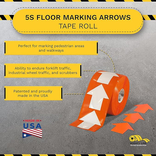 Mighty Line 5.5" Wide Solid Arrows Roll, Directional Sticker Sign Floor Marking Tape for Safety, Caution, Warning, Heavy-Duty, Peel and Stick, Adhesive, Industrial Quality, Orange, Pack of 200