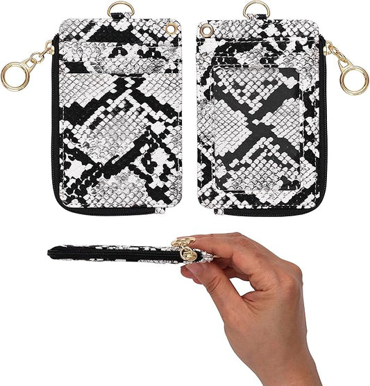 2-in-1 ID Badge Holder & Lanyard Wallet - Multi-Use Womens Small Wallet with Removable Wristlet & Neck Lanyard, Clear Window, 5 Card Slots, Phone Holder, Ring Keychain - White Snake