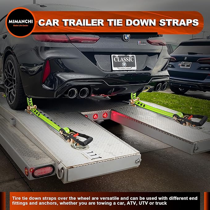 2" x 10'Car Hauler Straps,4Pack,Wheel Strap with Swivel J Hook Idler,Ratchet,Tire Tie Down Straps with 3 Rubber Blocks Use for Car, Truck, ATV, Heavy Duty Vehicle Trailer Tie Down Kit