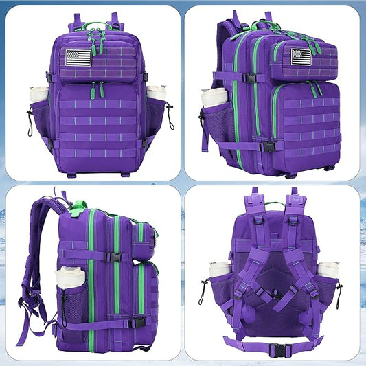 45L Tactical Assault Backpack 3 day assault pack with Molle Waterproof backpack Rucksack for Tactical Backpacks (Purple Green)
