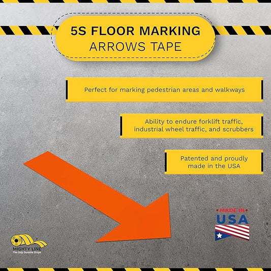 Mighty Line Solid Arrows Directional Sticker Sign Floor Marking Tape for Safety, Caution, Warning, Heavy-Duty, Peel and Stick, Adhesive, Industrial Quality, Orange, 10" by 6", Pack of 50