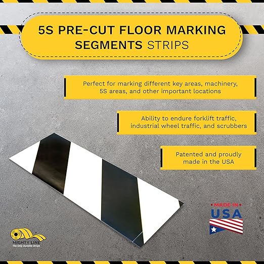 Mighty Line Floor Marking Tape Strips for Safety, Caution, Warning, Heavy-Duty, Peel and Stick, Adhesive, Industrial Quality, White and Black Hazard, 2" by 10"