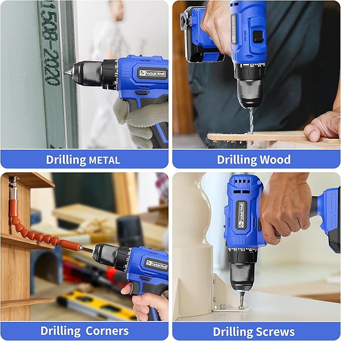 FADAKWALT 20V Cordless Drill/Driver Set,Electric Power Drill Kit with Battery& Charger, 1/2inch Keyless Chuck,2 Variable Speed,25+1 Torque Setting, 400 inch-lbs with LED Power Drill Kit
