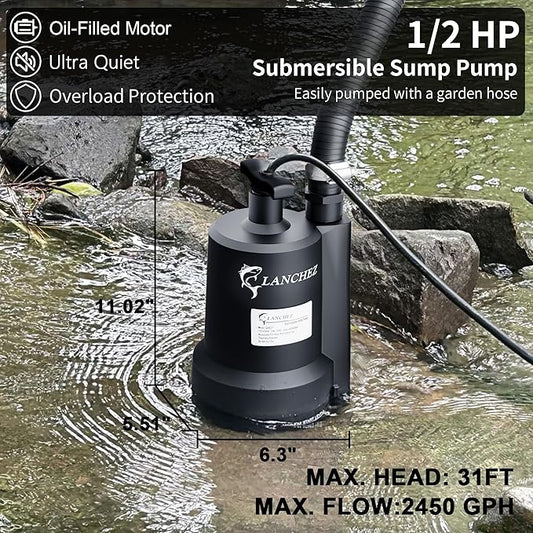 Lanchez Sump Pump, 1/2 HP 2450GPH Submersible Water Pump, Thermoplastic Portable Electric Transfer Pump Utility Pump for Hot Tub Swimming Pool Basement Garden Pond Tubs Draining with 10FT Cord