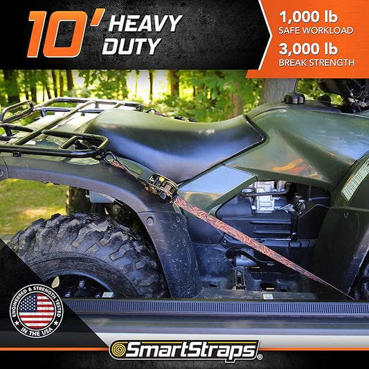 SmartStraps 10’ Retractable Ratchet Straps, 2 Pack — Heavy Duty Camo Ratchet Straps, 3,000lb Break Strength, 1,000lb Safe Work Load — Haul Motorcycles, Boats, and Appliances with Patented Technology