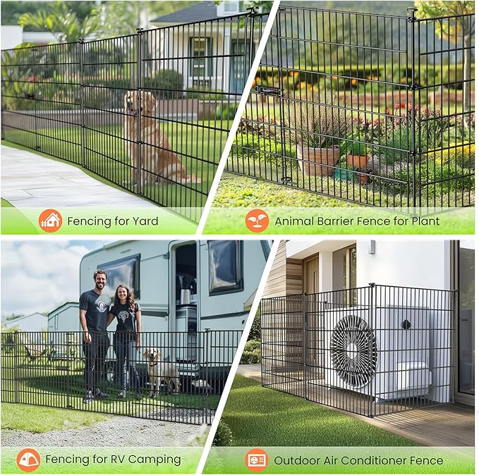 Garden Dog Fence Animal Barrier Outdoor for Yard 10 Panels with Gate 24.2 ft(L) X 40 in(H), Garden Fencing Includes Gloves, Hammer&Zip Ties, Rustproof Metal Temporary No Dig Fence Border for Dogs