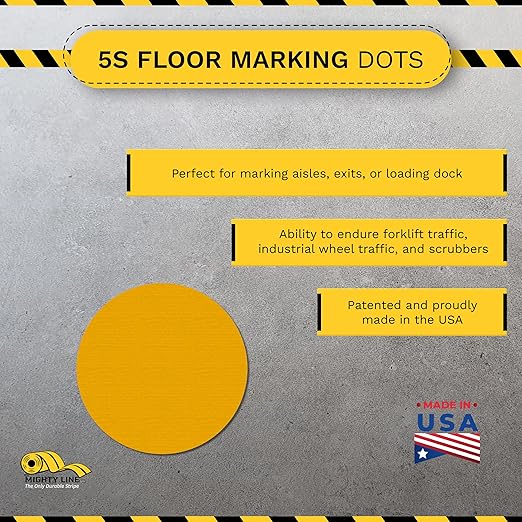 Mighty Line 1" Solid Dot Shaped Floor Marking Tape for Safety, Caution, Warning, Heavy-Duty, Peel and Stick, Adhesive Circle Spots, Industrial Quality, Yellow, Pack of 200