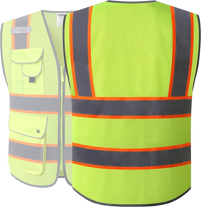 JKSafety 9 Pockets Hi-Vis Neon Yellow Zipper Front MESH Safety Vest with Fluorescent Orange Extend Edge outlining the Reflective Tapes Meet ANSI/ISEA Class 2 Standard (100 Yellow, M)