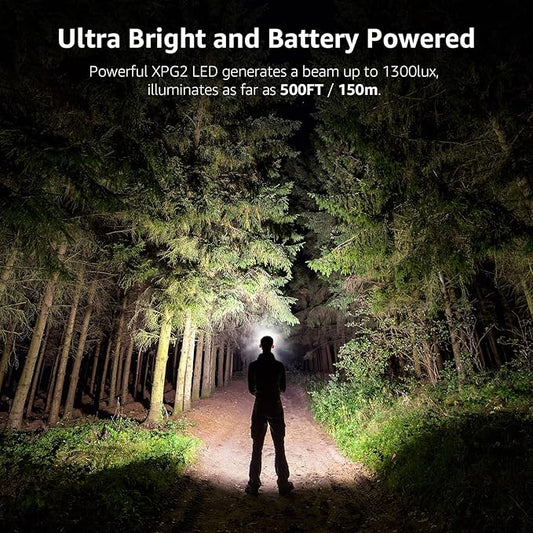 Lepro 320015 Battery Powered Headlamp - 1300Lux Super Bright LED Head Lamp with Red Light, IPX4 Waterproof Headlights for Outdoor Camping, Hiking, Hunting, Power Outages, Emergency, Hurricane