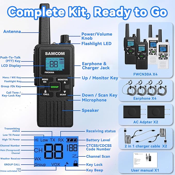 SAMCOM FWCN30A Group Walkie Talkies Long Range, Rechargeable 1250mAh Battery 22 FRS Channel Two Way Radios with Earpieces for Adults, Handheld Walky Talky with Type-C Cable,4 Packs