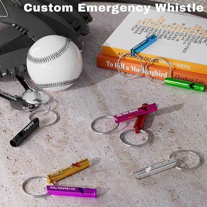 20 Pcs Custom Emergency Whistles with Keychains, Personalized Loud Safety Survival Whistle Engraved with Name/Text, Bulk Whistles for Outdoor Sports, Camping, Hiking, Boating, Hunting