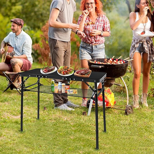 Folding Camping Table with Storage Net,3ft Portable Aluminum Folding Table with 3 Adjustable Height Max 27.3 Inch for Outdoor Backyard BBQ Picnic Cooking Tents Beach Indoor Bedroom(Black)
