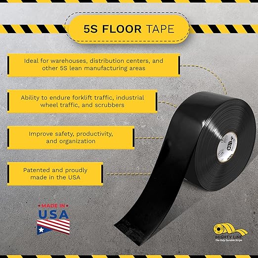 Mighty Line Solid Floor Marking Tape for Safety, Caution, Warning, Heavy-Duty, Peel and Stick Adhesive, Beveled Edge Design, Industrial Quality, 4 inch, 100' Roll, Black