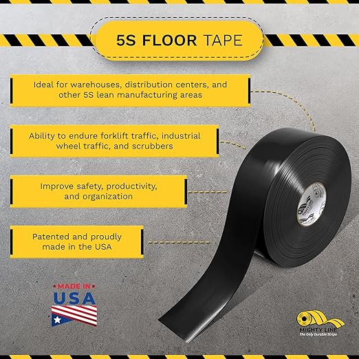 Mighty Line Solid Floor Marking Tape for Safety, Caution, Warning, Heavy-Duty, Peel and Stick Adhesive, Beveled Edge Design, Industrial Quality, 3 inch, 100' Roll, Black