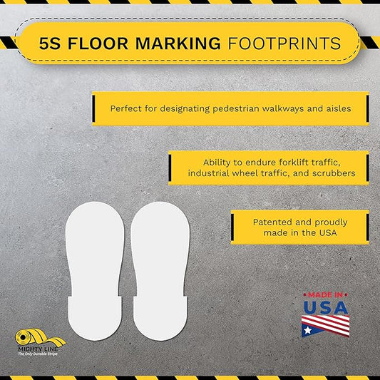Mighty Line Big Footprints Floor Marking Tape for Safety, Caution, Warning, Heavy-Duty, Peel and Stick, Adhesive, Industrial Quality, 12" Long x 5" Wide, White, Pack of 50