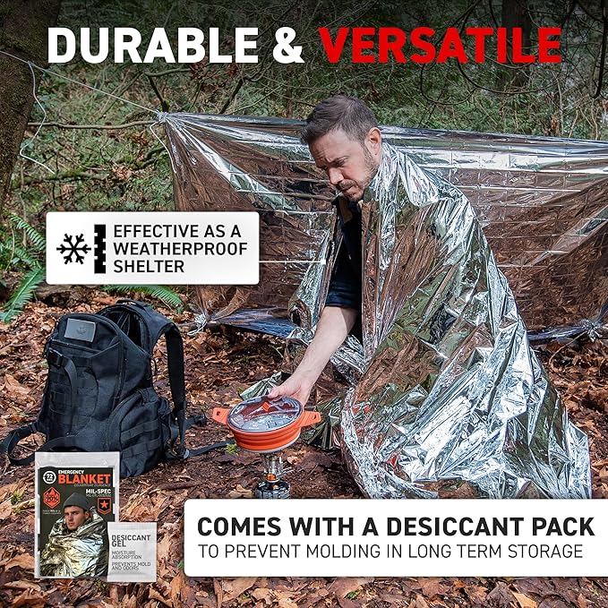72 HRS Large Emergency Mylar Space Blankets 60-Pack, MIL-SPEC 54″ × 88″ Thermal Survival Foil – Retains 90% Body Heat, Waterproof Reflective Blanket for Camping, Hiking, Marathon, First Aid
