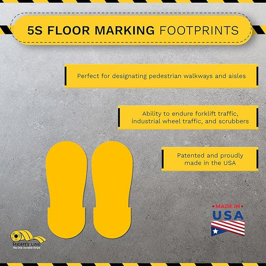 Mighty Line Big Footprints Floor Marking Tape for Safety, Caution, Warning, Heavy-Duty, Peel and Stick, Adhesive, Industrial Quality, 12" Long x 5" Wide, Yellow, Pack of 50