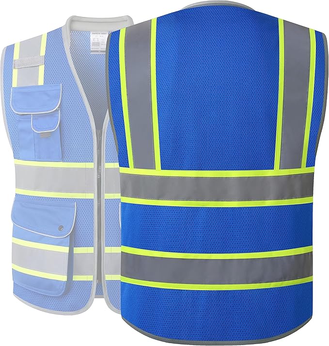 JKSafety 9 Pockets Hi-Vis Safety Vest Breathable Mesh Fabric Cushioned Collar Work Utility PPE Lightweight Industrial Work Gear ANSI/ISEA compliant (101-Blue 3XL)