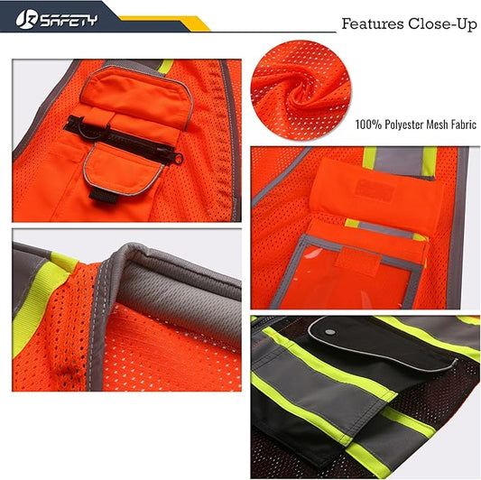 JKSafety 9 Pockets Hi-Vis Safety Vest High Visibility Reflecitive Mesh Safety Vests for Men and Women Cushioned Collar Work Utility PPE Work Gear ANSI/ISEA compliant Class 2 (101-OBlk XL)