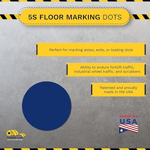 Mighty Line 1" Solid Dot Shaped Floor Marking Tape for Safety, Caution, Warning, Heavy-Duty, Peel and Stick, Adhesive Circle Spots, Industrial Quality, Blue, Pack of 200