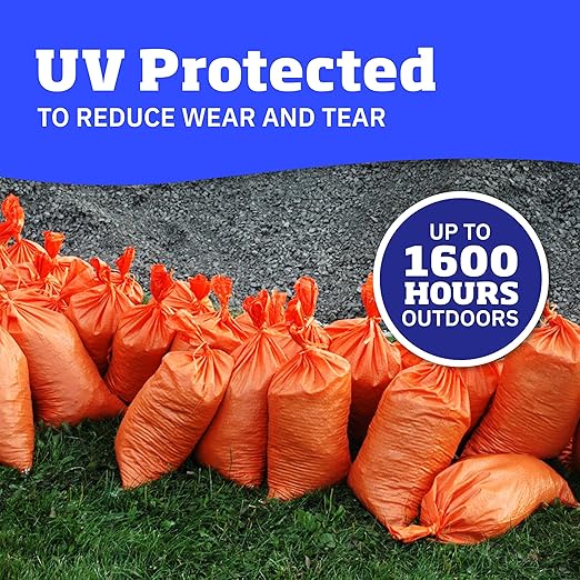 DURASACK Heavy Duty Sand Bags with Tie Strings Empty Woven Polypropylene Sand-Bags for Flood Control with 1600 Hours of UV Protection, 50 lbs Capacity, 14x26 inches, Orange, Pack of 20