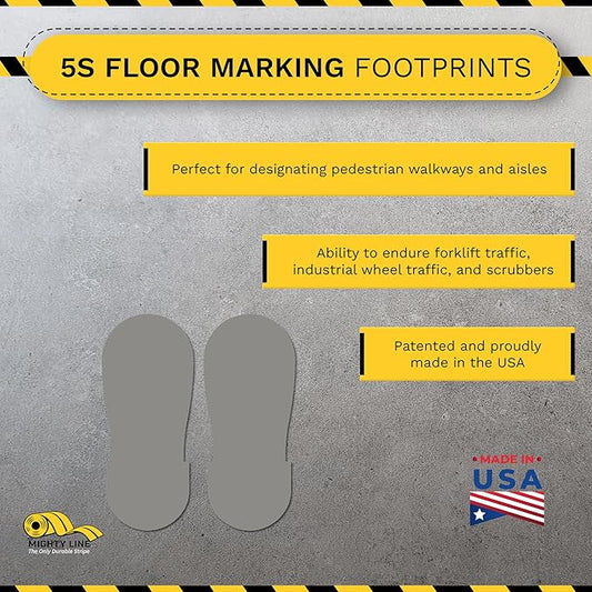 Mighty Line Big Footprints Floor Marking Tape for Safety, Caution, Warning, Heavy-Duty, Peel and Stick, Adhesive, Industrial Quality, 12" Long x 5" Wide, Gray, Pack of 50