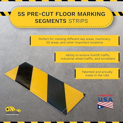 Mighty Line Floor Marking Tape Strips for Safety, Caution, Warning, Heavy-Duty, Peel and Stick, Adhesive, Industrial Quality, Yellow and Black Hazard, 4" by 10"