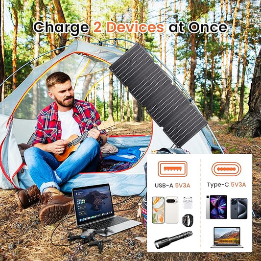 36W Portable Solar Panel, EFTE Foldable Solar Panel Charger IP65 Waterproof with 2 Outputs (USB-A Type-C) for Camping Hiking RV Outdoor Compatible with Mobile Phones Power Bank Camping Lamps