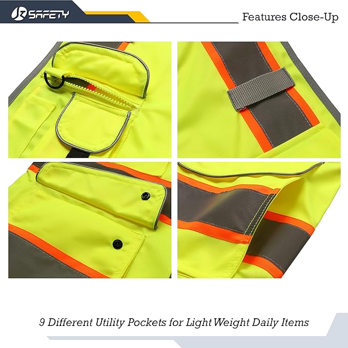 JKSafety 9 Pockets Hi-Vis Neon Yellow Color Zipper Front Safety Vest with Fluorescent Orange Extend Edge outlining the Reflective Tapes Meet ANSI/ISEA Class 2 Standard (901-Yellow, X-Large)
