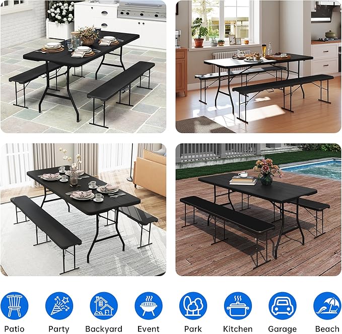 Folding Picnic Table Set with 2 Benches, 6 ft Camping Table Chair Set, 3-Piece Folding Furniture for Indoor or Outdoor Use, W/Handle and Safety Locks,Smooth Tabletop, Black