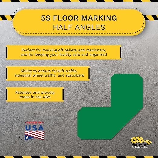 Mighty Line 2" Half Angle Marker Floor Marking Tape for Safety, Caution, Warning, Heavy-Duty, Peel and Stick, Adhesive, Industrial Quality, Green, Pack of 100