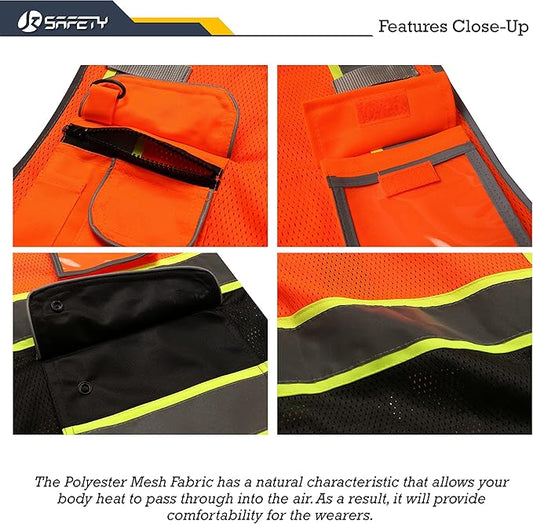 JKSafety 9 Pockets High Visibility Dual Color Zipper Front MESH Lite Safety Vest | Yellow Color Triming Reflective Strip | ANSI/ISEA Standards (100-Orange-Black, M)
